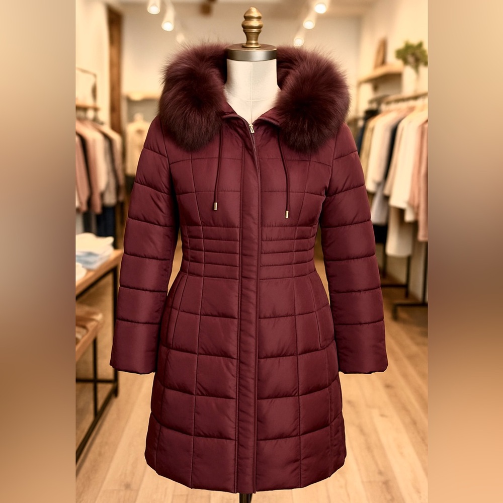 Women's Luxury Plum Puffer Coat with REAL FOX Fur Trim